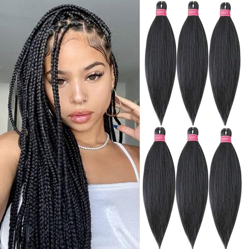Pre Stretched Braiding Hair 6 Packs Professional Braiding hair Itch Free Hot Water Setting Yaki Straight Texture Crochet Braid Hair for Daily Use(Black, 20 Inch)