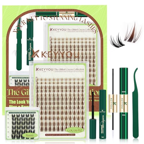 KEYYOU Brown Fairy Lash Clusters Kit - Spiky Anime C Curl Manga 8-16mm Lash Extension Kit Includes...