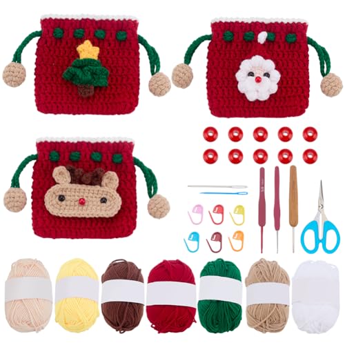 WEBEEDY 3 conjuntos de kit de bolsa de crochê com cordão para iniciantes, kit de crochê DIY para iniciantes com tutorial passo a passo, fios e ferramentas, carteira de bolsa de rena de Papai Noel para