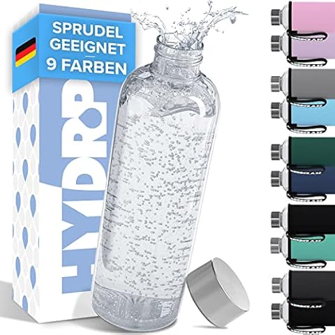 HYDROP® TESTSIEGER Glasflasche 1 Liter mit Schutzhülle bruchsicher - Trinkflasche Glas in 1L oder 750ml Kohlensäure geeignet & auslaufsicher Cover
