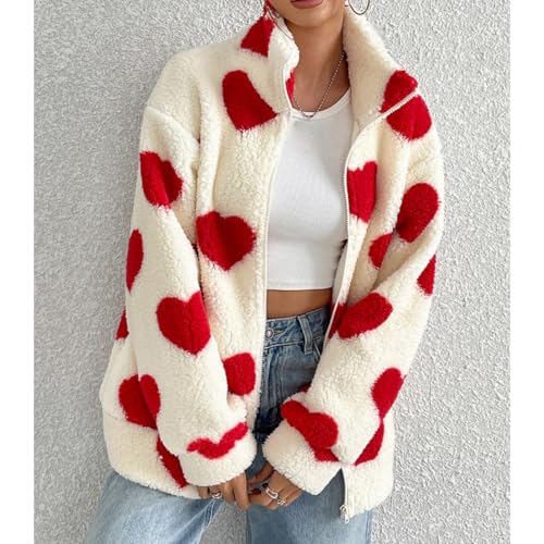 Women's Heart Graphic Jacket Full Zip Oversized Fuzzy Warm Coat Y2K Valentine's Day Winter Cardigan with Pockets4