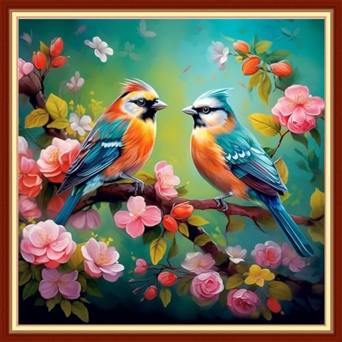 Image of Dooxvey Cross Stitch Kits for Adults Stamped Full Range of Embroidery Starter Kits for Beginners 11CT Printed Cross Stitch Patterns Needlepoint Kits Stamped Crossstitch-Birds Flowers 18x18 inch