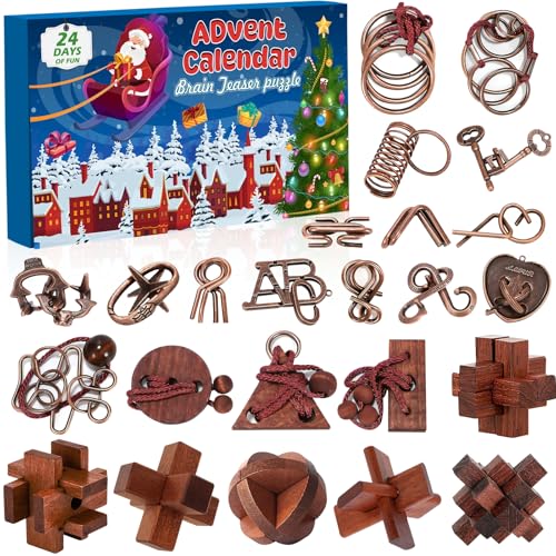 Advent Calendar 2025 Brain Teaser for Kids & Adults - 24 Days of Metal Puzzle Ring & Wooden Toy Games, Christmas Countdown with Mind IQ Logic Challenges, Unlock Interlock Gift for Boys Girls Teens