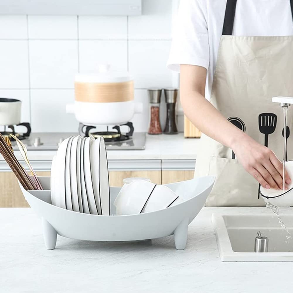 Estante para platos de cocina con almacenamiento de cubiertos y cesta de verduras, color blanco