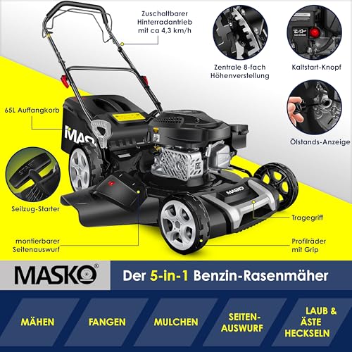 MASKO® Benzin Rasenmäher 5in1 | 51 cm Schnittbreite | 8- fache Schnitthöhenverstellung | 4 Takt OHV Motor 6,0 PS | 65 Liter Fangkorb| Inkl. Mulch- Kit, Seitenauswurf 5