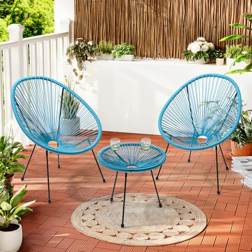 BAKAJI Set da Giardino in Polyrattan con 2 Sedie e 1 Tavolino, Design Intrecciato, Salotto da Conversazione per Esterni, Salottino Ideale per Patio, Balcone, Ristorante, Bar (Azzurro)