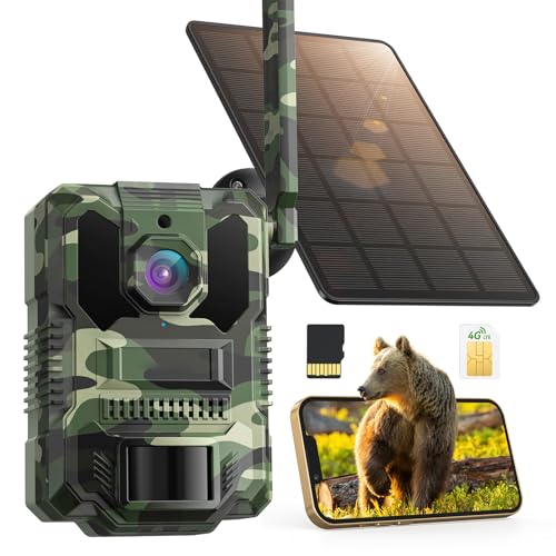 4G LTE Camera de Chasse Connectée Telephone Solaire Camera Chasse 8000mAh Batterie Piege Photographique Infrarouge Vision Nocturne, IP66, Carte SD de 64GB