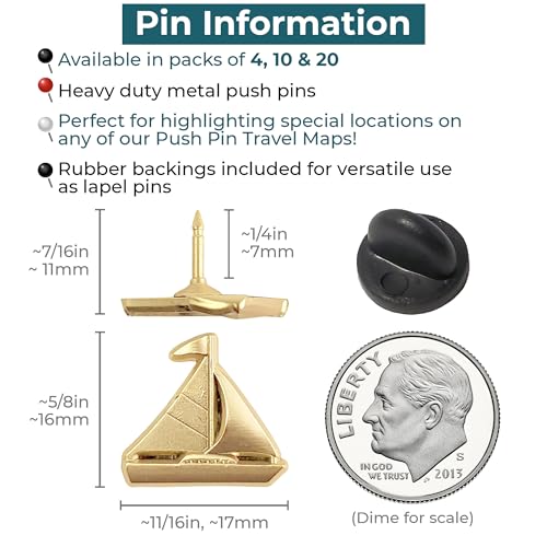 Image of Sailboat Push Pins - Gold Sailing Pins - for Cork Board, Maps, or Lapel Pin Use - Designed in USA - Set of 20