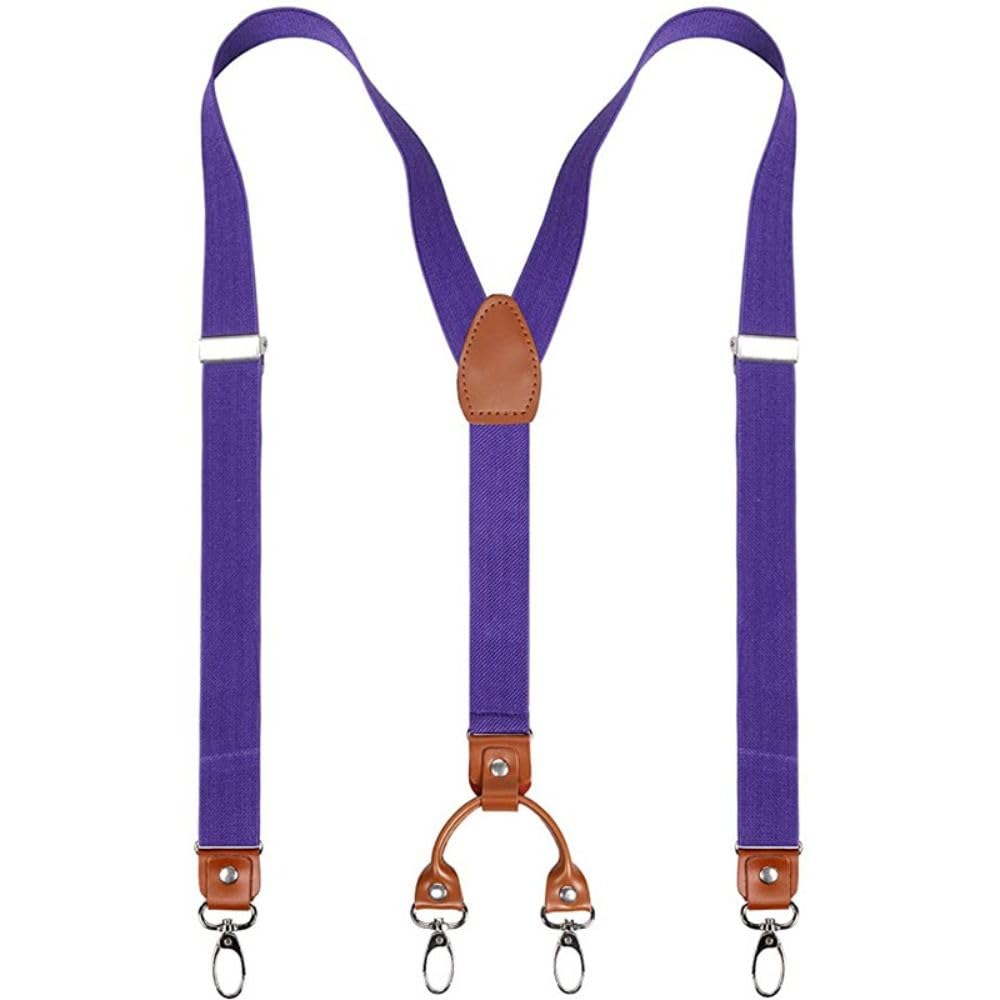 LCKKJHG Men'S Braces Cowhide Leather Suspenders 2.5cm Width 4 Hooks Men/Women Suspender Back Adjustable Retro Elastic Trouser Braces(A17 Purple)