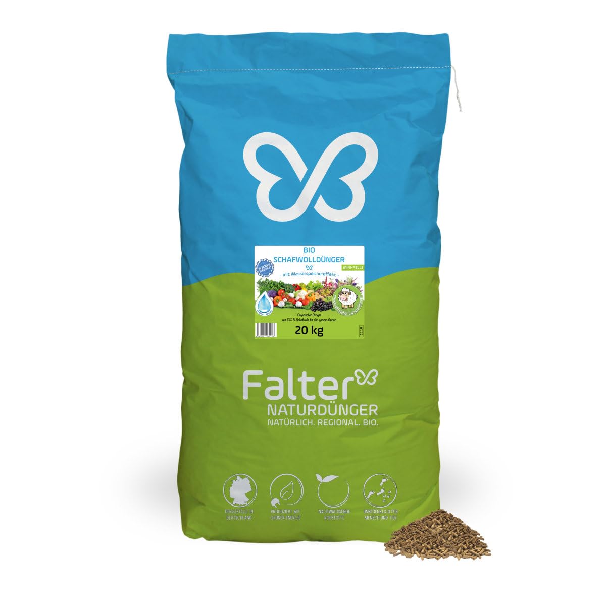 Falter BIO Schafwolldünger Mini-Pells 20 kg | Schafwollpellets pur | Mini-Pells aus 100 % Schafwolle für Gemüse, Obst, Kräuter und Blumen