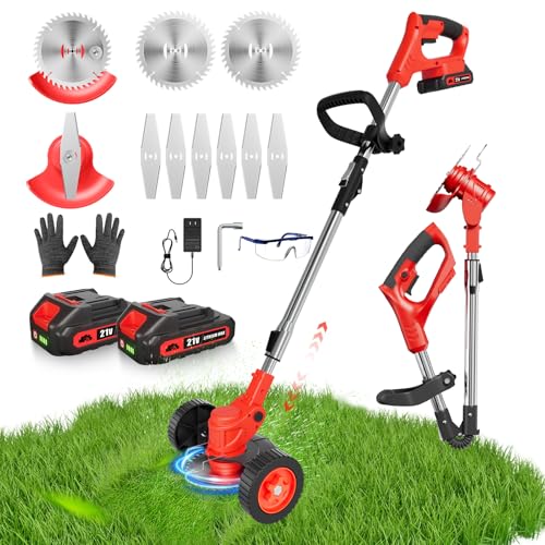 21V Cordless Weed Wacker Lightweight 3-in-1 Grass Trimmer/Brush Cutter/Edger 2.0Ah Battery Powered Weed Eater Foldable Stringless Lawn Edger Adjustable Height Electric Mower for Garden