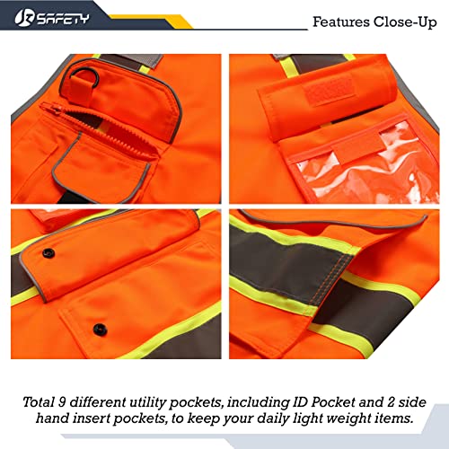 Image of JKSafety 9 Pockets High Visibility Zipper Front Safety Vest | Orange with Dual Tone High Reflective Strips | Meets ANSI /ISEA Standards (901-Orange, X-Large)