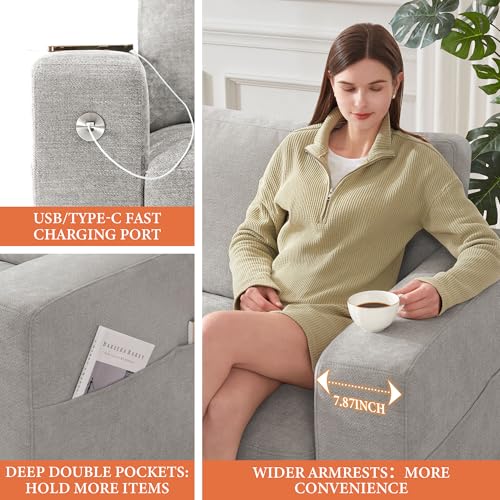 Image of Ihanherry Modern Sofas 2-Seater Couches for Living Room, Chenille Sofas with Extra Large Seat Width & Depth, USB /Type-C Charging Port & Side Pocket, Removable Medium Firm Sofa Cushion(89inch, Grey)