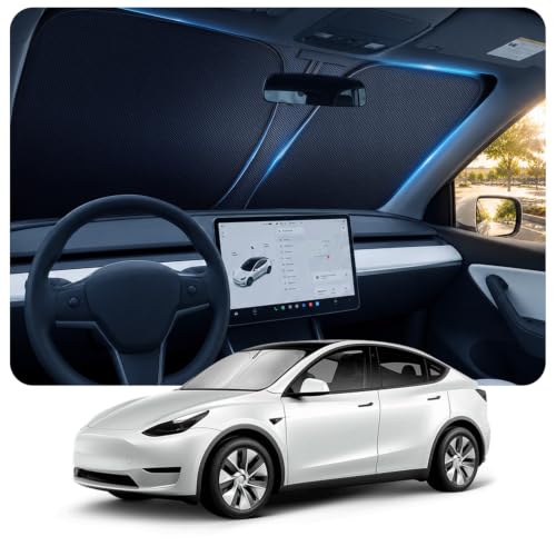 Image of [2026 Upgraded] DooGooCoo Windshield Sun Shade for Tesla Model Y & Model 3 2017-2026 [Cooling Ice-Crystal, 100% Sun Block] Sunshade for Car Windshield for Tesla Model 3 Sunshade Model Y Sunshade.