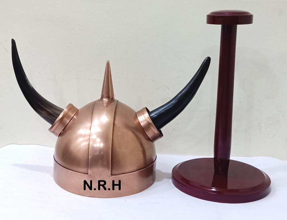 Nautical Replica Hub Copper Viking Helmet with Horns Medieval King Armor Helmet Costume Halloween Helmet With Wooden Stand
