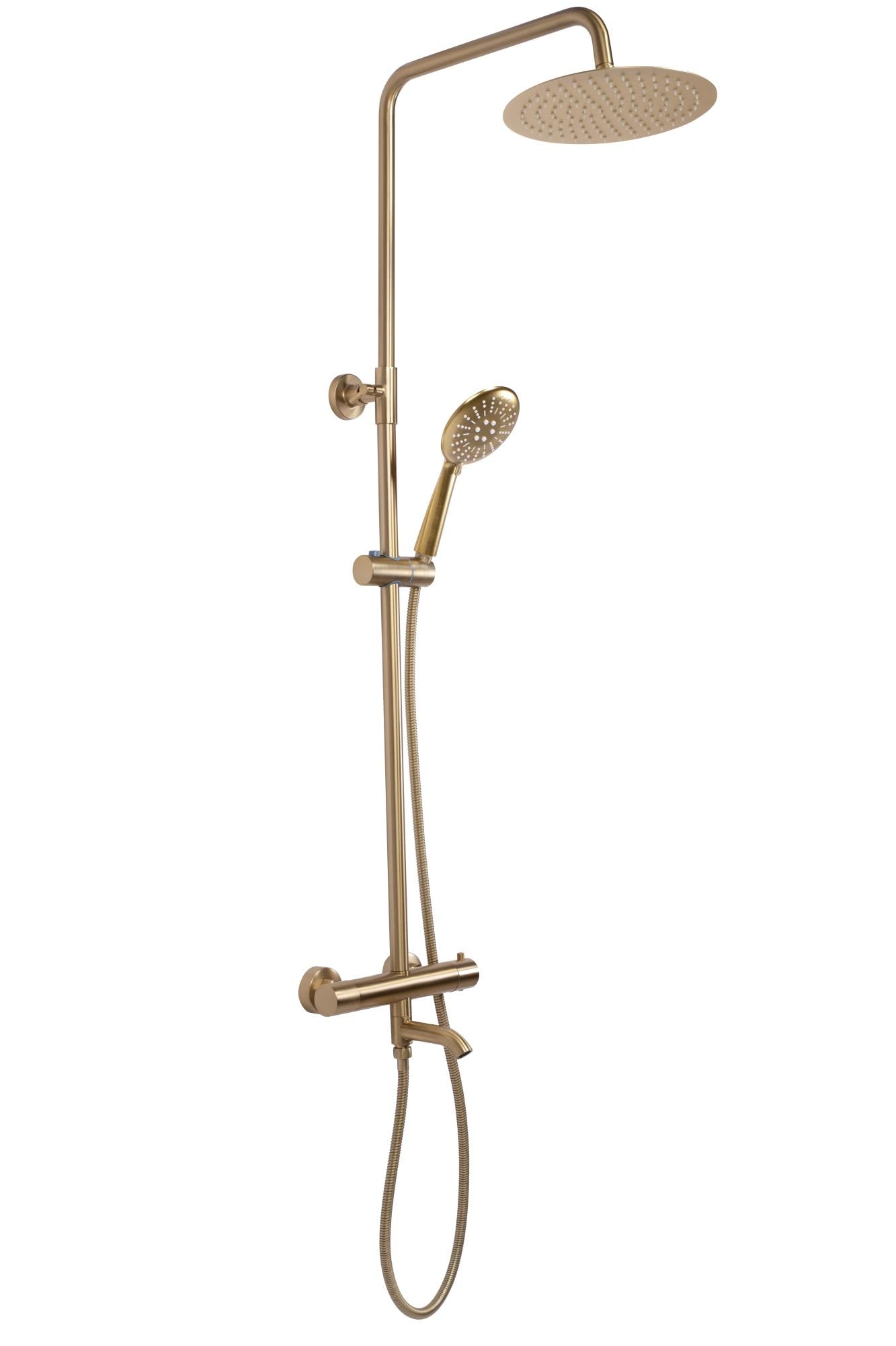 Rea - Colonna Doccia Con Termostato Lungo Gold Brush Sistema Doccia In Ottone Per Bagno (Oro) 45x26,5x117cm