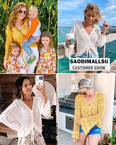 Saodimallsu Womens Boho Off Shoulder Sheer Crop Tops Bell Sleeve Flowy Oversized Crochet Ruched Pullover Sweaters White #TOP5