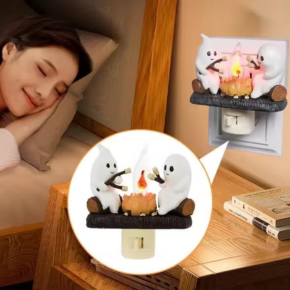 Image of Ghost Campfire Flickering Night Light, Ghosts Campfire Flicker Flame Halloween Nightlight, 3D LED Small Faux Campfire Night Light, Halloween NighGhost Campfire Flickering Night Light, White