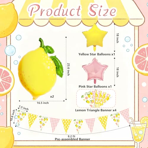 Image of Pink and Yellow Lemon Triangle Banner Balloons Lemonade Bar Stand Supplies Amalfi Coast Hawaiian Luau Summer Birthday Party Decorations Baby Shower Freshly Graduated Lemon Themed Party Decor