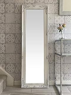 Beautifully Tall & Ornate Antique White Vintage Style Dressing Wall Mirror with Bevelled Glass - Overall Size: 142cm x 47cm.