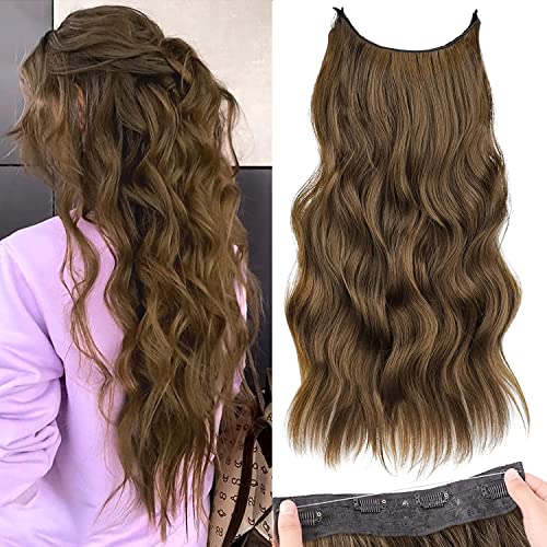 PORSMEER Invisible Wire Hair Extensions with Adjustable Size One Piece Long Wavy Curly Synthetic Hair Pieces with Removable Clips Secret Hair Extension for Women 20 Inch,Natural Chestnut Brown
