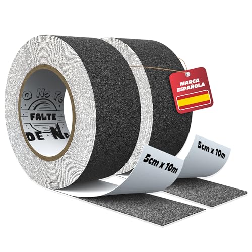 Q No Te Falte De Na® 2 Rollos de Cinta Antideslizante Escaleras de 50mm x 10m | Cinta Adhesiva Antideslizante para Exteriores e Interiores | Cinta Antideslizante de Seguridad para Hogar y Trabajo.