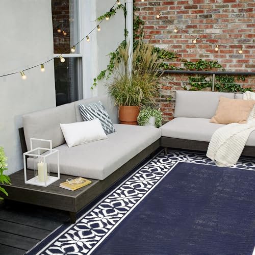 Image of PureCozy Outdoor Plastic Straw Rug Navy Blue Large Outside Waterproof Outdoor Patio 8x10 Carpet Geometric Reversible Mat Modern for Camping RV Porch Deck Balcony Beach
