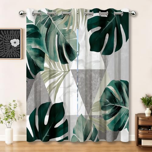 Rideau Occultant Minimaliste - Gris Thermique Rideau à Oeillets 91.5L X 215H cm (2 Panneaux), Économie D'énergie Réduire Le Bruit Rideaux Motif Monstera...