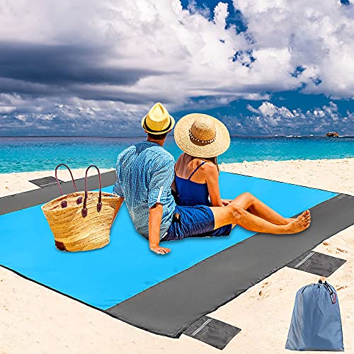 79×83 inch Large Thick Sand Free Beach Blanket with 6 Zipper Pockets 4 Stakes Waterproof Picnic Blanket Oversized for 4-6 Adults Durable Lightweight Windproof Beach Mat for Travel, Camping, Hiking