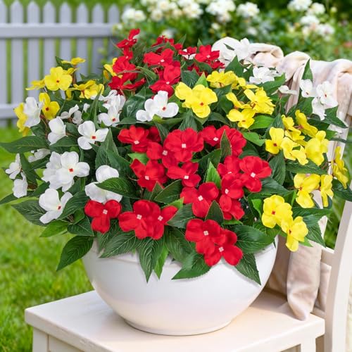 Image of Bassion 6 Bundles Artificial Flowers for Outdoors Fake Impatiens, Colorful | UV resistant, silk flowers, no fade realistic faux plants, outside patio garden porch planters window box balcony home decor