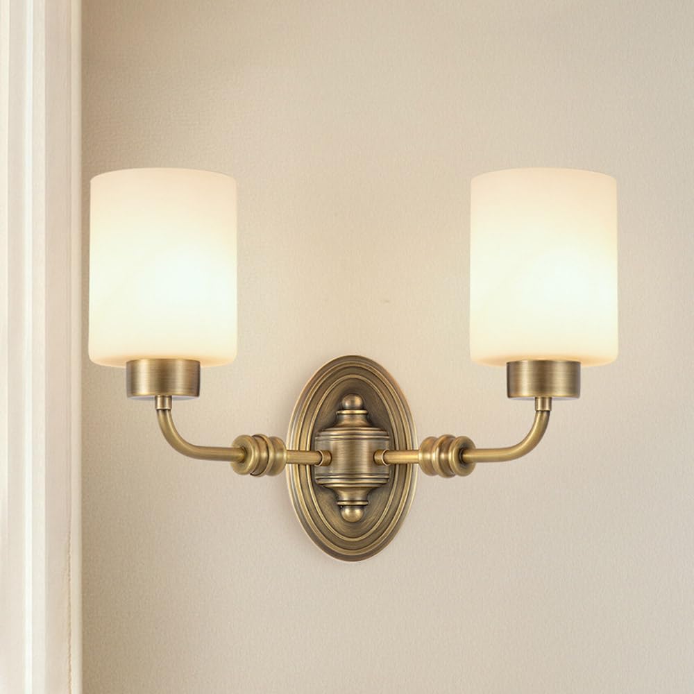 KBUUKYYXouy Wall Lights for Bedroom Antique Brass Wall Mounted Lamp Hardwired Wall Sconces Vintage Vanity Light Fixtures with Milk White Glass Shade Mid Century Copper for,2-Light(2)