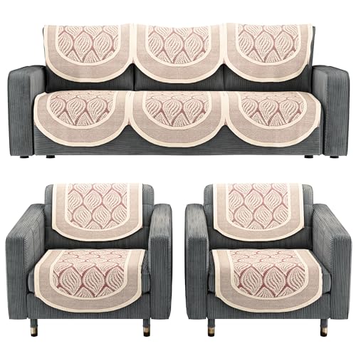 Image of Kuber Industries (Set of 10) Stylish & Durable Net Cotton Sofa Covers 5 Seater | Aesthetic Sofa Protector /Mat & Slipcover for Hall, Living Room & Office | Coconut Bright - Maroon