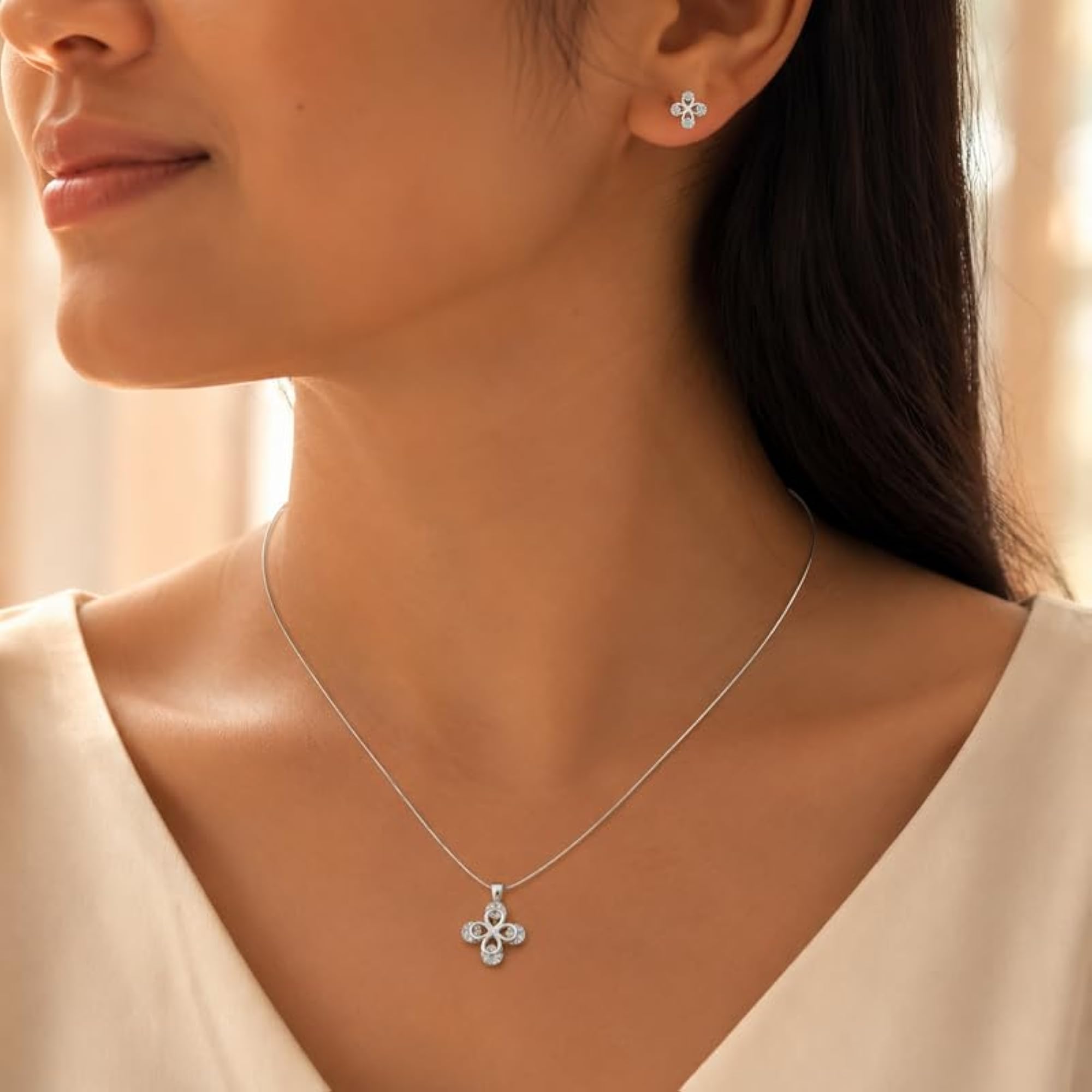 925 Sterling Silver Pendant & Earrings Set with Floral Cubic Zirconia