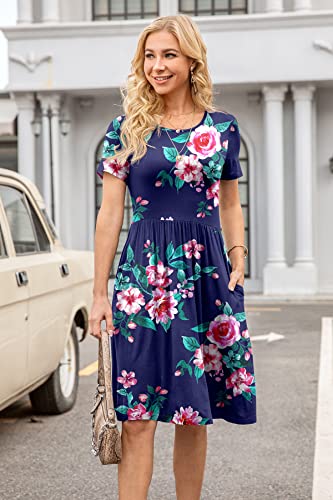 Image of DB MOON Women Summer Casual Short Sleeve Dresses Empire Waist Dress with Pockets