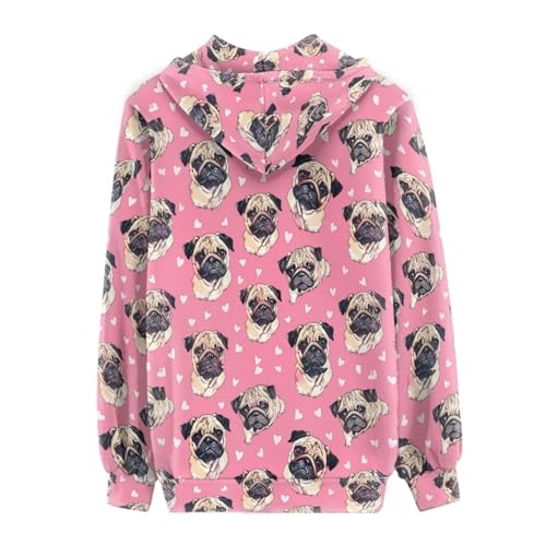 Uourmeti Kapuzenjacke mit Reißverschluss für Damen, Teenager, Mädchen, Herbst-Sweatshirt, Größe XS-5XL, Mops, X-Large