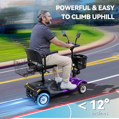WheelWavi 4 Wheel Compact Mobility Scooter,Foldable Electric Scooter for Seniors and Adults, Heavy Duty Travel Model with Lights, Basket, and Long-Lasting Battery (Purple) - Thumbnail 6
