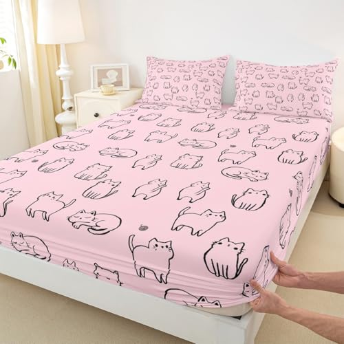 Image of Cute Cat Bed Sheet Set Twin Size,Kawaii Cats Pet Animals Sheet Set Kids Teens,Kitten Silhouette Pink Bedding Decor Set with 1 Flat & 1 Fitted Sheet with 1 Pillow Sham