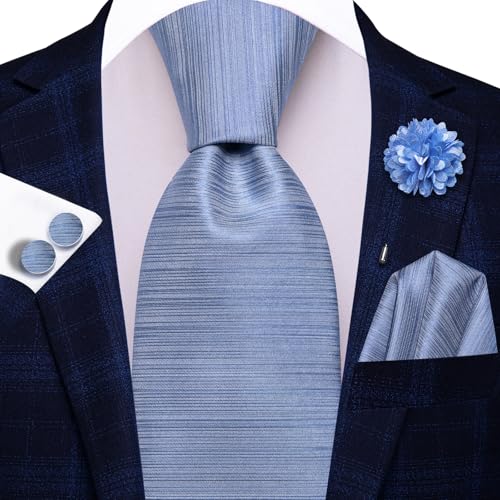 Image of Hi-Tie Men Silk Ties Set with Flower Lapel Pin Necktie Pocket Square Cufflinks for Tuxedo Wedding Business