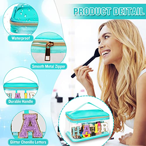 Chenille Letter Clear Makeup Bags Hair Pouch, Preppy Patch Makeup Bag Zipper with Handle, Transparent PVC & Nylon Waterproof Glitter Cosmetic Handbag Travel Toiletry Storage for Women Girl(HAIR-Green)3