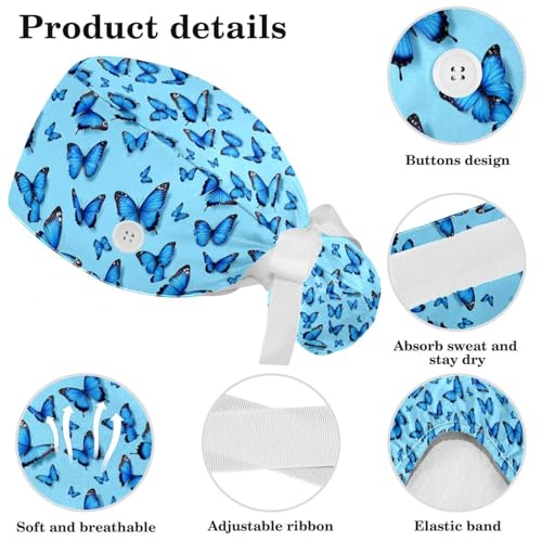 Image of Butterfly Scrub Cap Women with Ponytail & Buttons Adjustable Surgical Nurse Hat with Cotton Sweatband for Long Hair