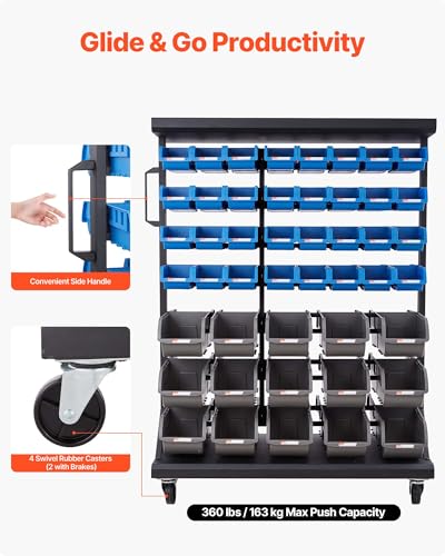 Image of VEVOR 7-Tier Double-Sided Rolling Bin Storage Rack, 94 Plastic Bins, Dual-Sided Parts Organizer with Wheels, Mobile Tool Organizer for Garage, Warehouse, Office, Restaurant, Classroom, Kitchen