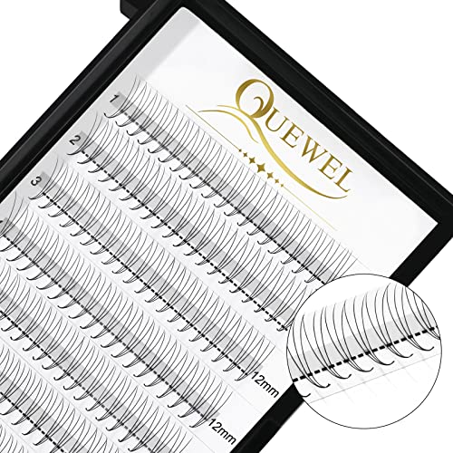 QUEWEL Premade Fans Middle Part 3D ～ 10D 12D 14D | 0.05/0.07/0.10 | Curl C/D | 10 - 18mm Length | Long Lasting Easy Application Long Stem Russian Volume Eyelash Extensions (3D-0.07C-12)
