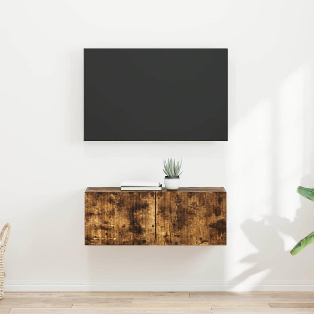 TV-Wandschrank 2er-Set, Geräucherte Eiche, 60x31x29,5 cm, Modernes Design, Wandmontiertes TV-Regal für Wohnzimmer, Media Center mit Stauraum