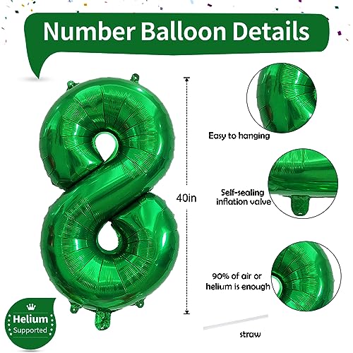 Image of 40 Inch Emerald Green Number 8 Balloons, Large Foil 8th Birthday Balloon Decorations for Girls, Dark Green Self Inflating Happy Birthday Party Jungle Anniversary Celebration Boys Kids Decor Supplies