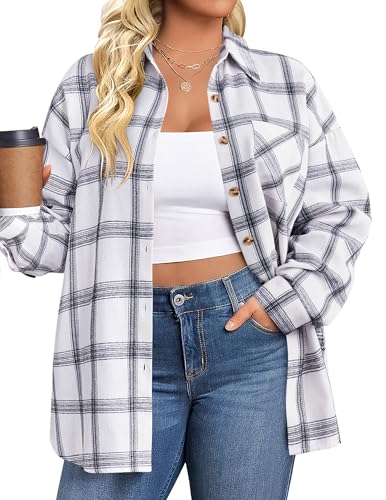 IN'VOLAND Womens Plus Size Flannel Plaid Shirts Long Sleeve Casual Collared Button Down Shirt Loose Blouse Top White