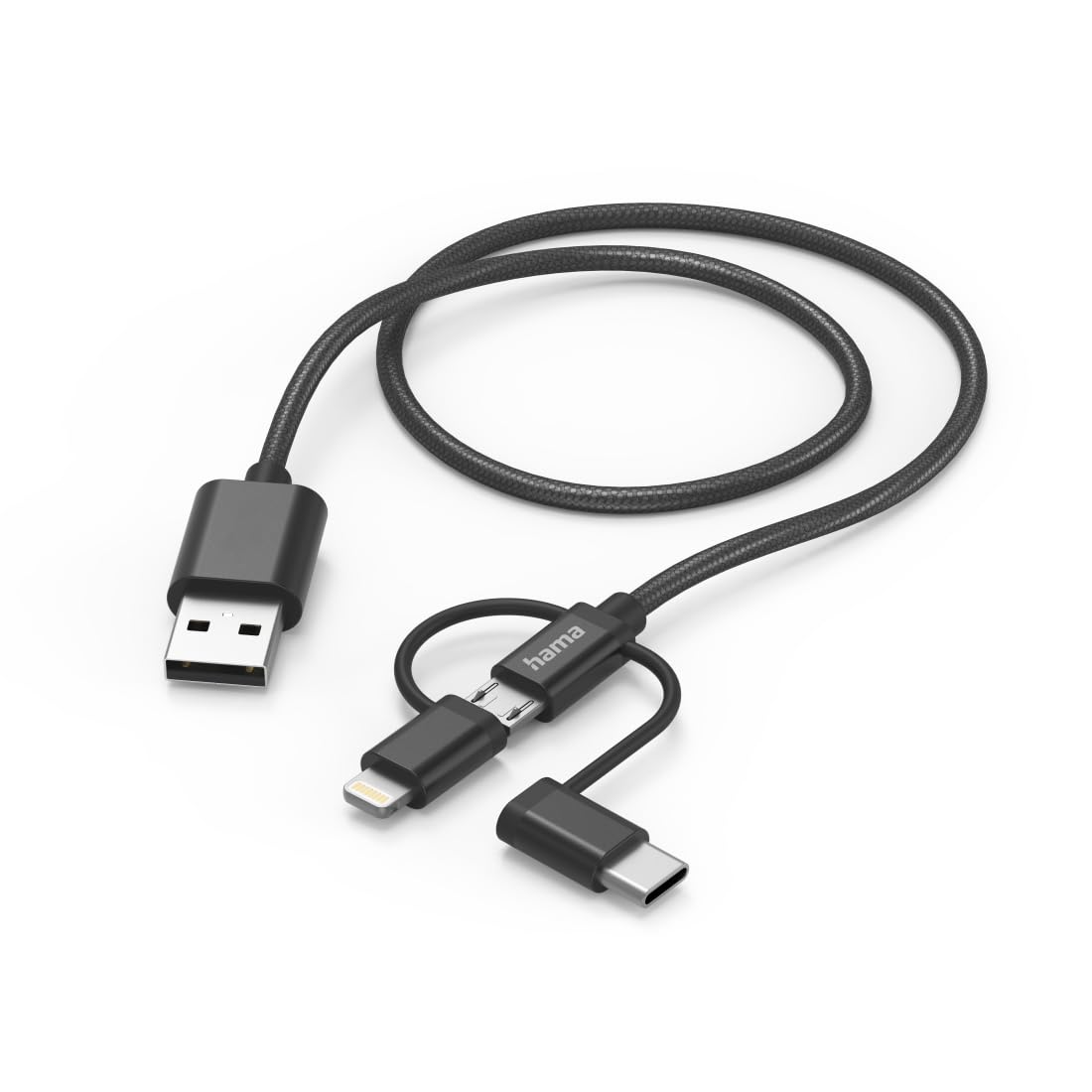 Hama Adapter 3w1 micro USB, USB C/Lightning (nylon, 3A, 480 Mbit/s, ochrona przed złamaniem, kabel 1,5m) czarny
