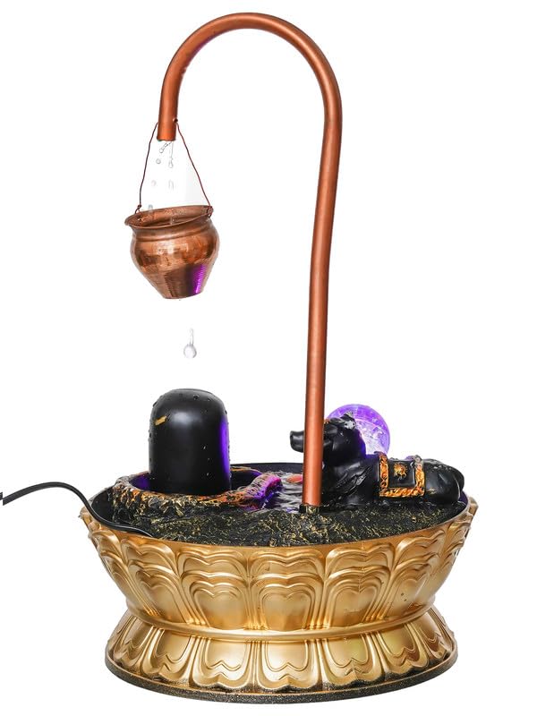 Image of Copper Metal Shivling with Nandi Tabletop Indoor Water Fountain with Crystal Ball and LED Light for Home Decor (28 x 28 x 46 CM : Color - Copper | Weight - 1380)