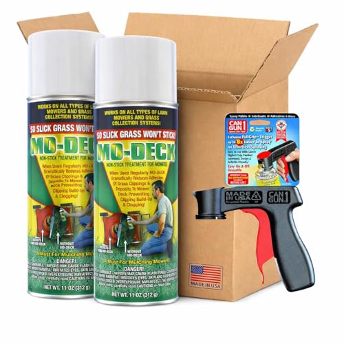 Mo-Deck Non-Stick Grass Repellent Spray (2-Pack with CanGun1) Made in USA Lawn Mower Deck Spray for Blades, Decks, Trimmers & Hedge Trimmers – Prevents Grass Buildup, Rust & Clogging Universal Fit