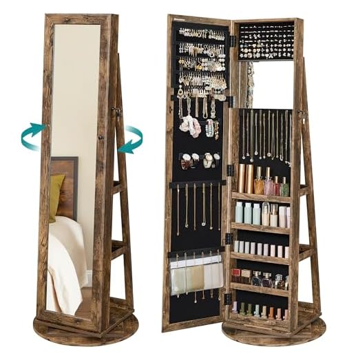 SONGMICS Schmuckschrank, Spiegelschrank, mit Ganzkörperspiegel, um 360° drehbar, Schmuckaufbewahrung, abschließbar, mit Schlüsseln, Schlafzimmer, Geschenkidee, vintagebraun JJC062K01