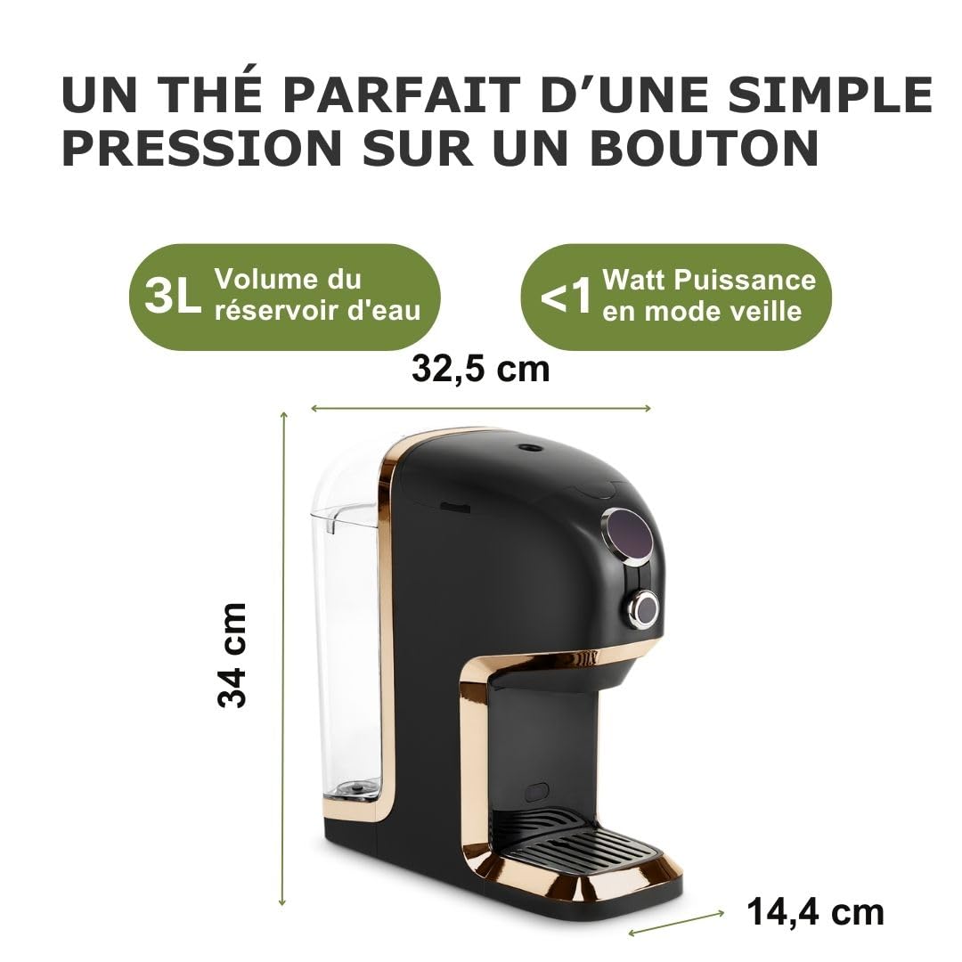 Machine à thé BRU pour thé en vrac & herbes & sachets de thé, SANS capsules, distributeur d'eau chaude & machine à thé, système de nettoyage automatique (Noir/Chrome)